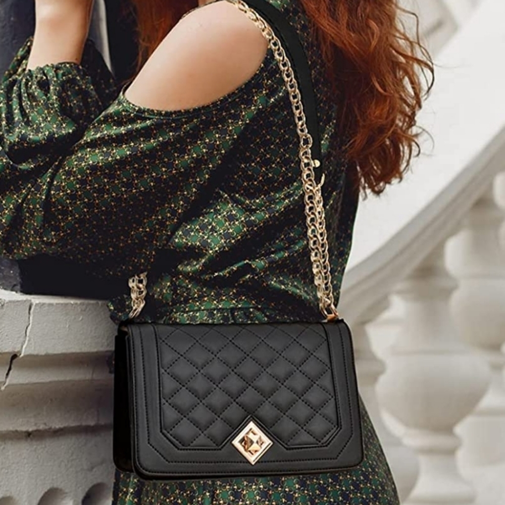 🆕️ Quilted Faux Leather Crossbody Evening Bag Shoulder Handbag Gold Hardware